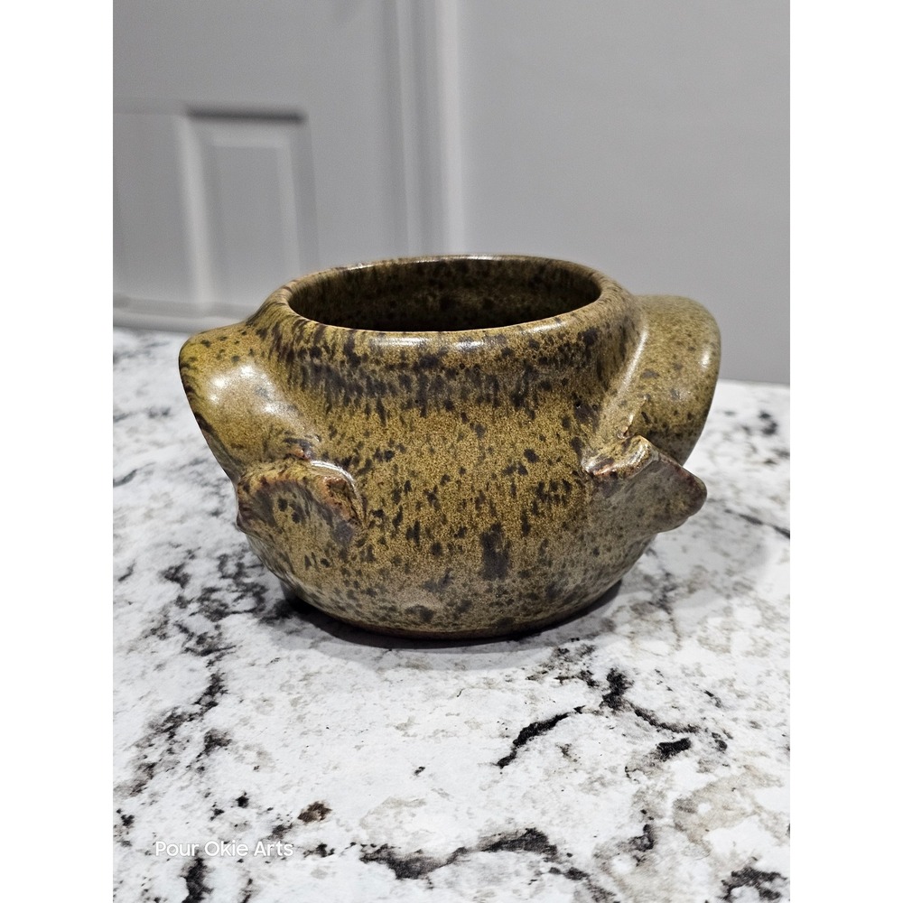 Handcrafted Pottery Bowl Unique Handles Earth Tone Glazed Ceramic Planter Signed